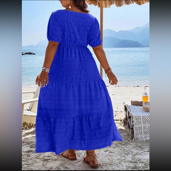 Boho plus size comfy square neck puff sleeve ruffle hem maxi dress - Picture 3 of 16